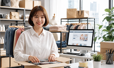 의류 작업실에서 주문을 준비하는 여성 판매자
