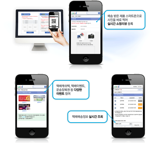 1. 배송받은 제품 스마트폰으로 사진을 바로 찍어 실시간 쇼핑리뷰 등록 2. 택배캐쉬백, 택배이벤트, 운송장복권등 다양한 이벤트 참여 3. 택배배송정보 실시간 조회 4. 쇼핑만족도매치, 쇼핑만족도랭킹, 블랙리스트, 굿셀러리스트 등 다양한 쇼핑정보 제공 5. 쇼핑에 대한 궁금증 쇼핑지식인 질문